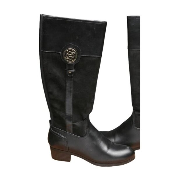 Liz Claiborne Tilia Black Mixed Suede and Leather Stacked Heel Riding Boots 7.5 - Picture 2 of 5